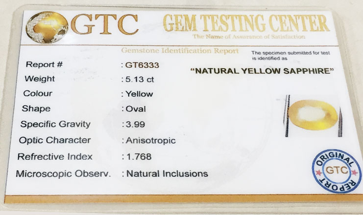 5.13 ct/5.65 ratti Natural Certified Bangkok Pukhraj/Yellow Sapphire